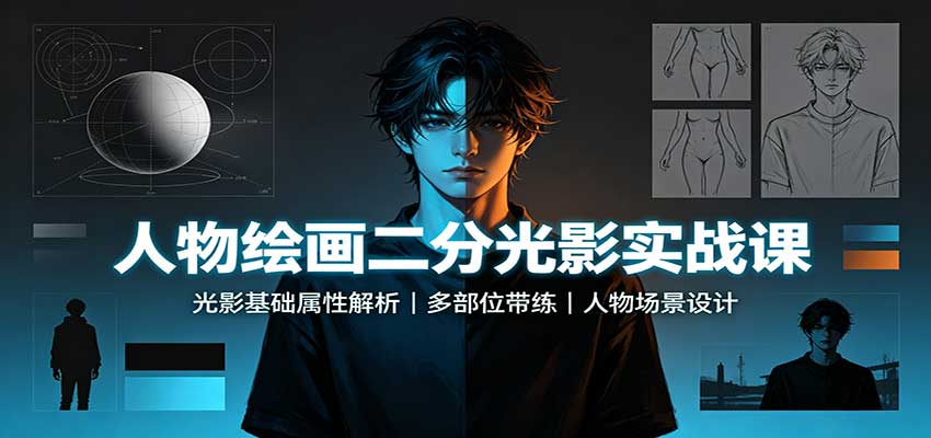 人物绘画二分光影实战课：光影基础属性解析，多部位带练，人物场景设计-52项目站