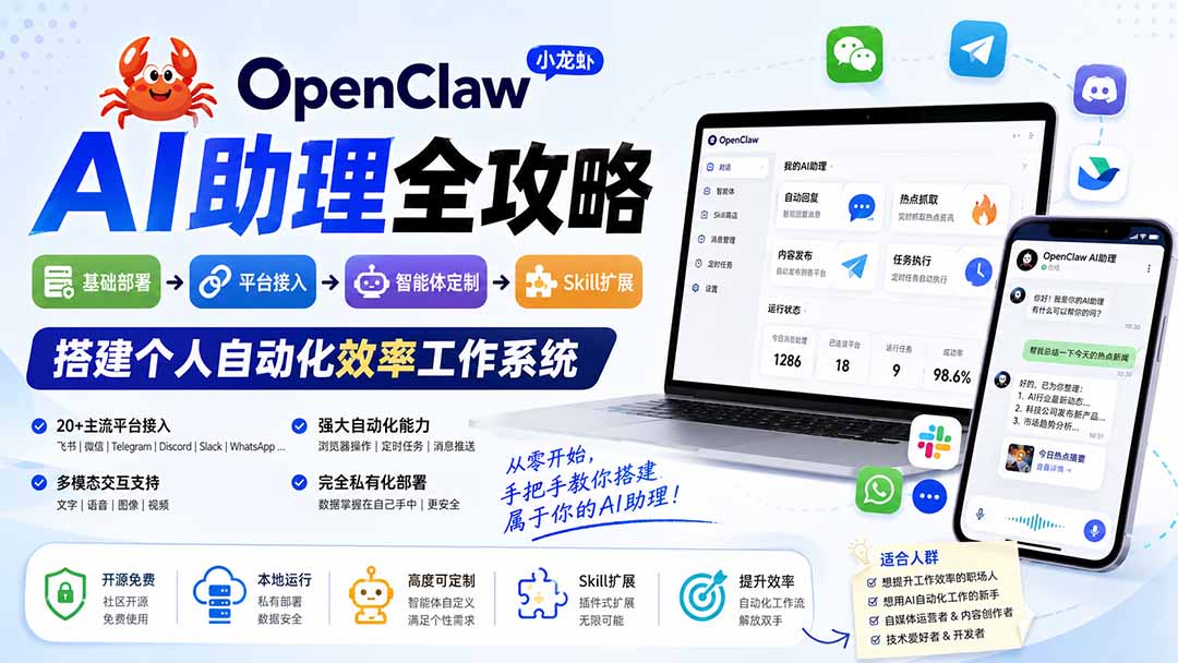 OpenClaw小龙虾 AI助理全攻略：基础部署→平台接入→智能体定制→Skill扩展，搭建个人自动化效率工作系统-52项目站