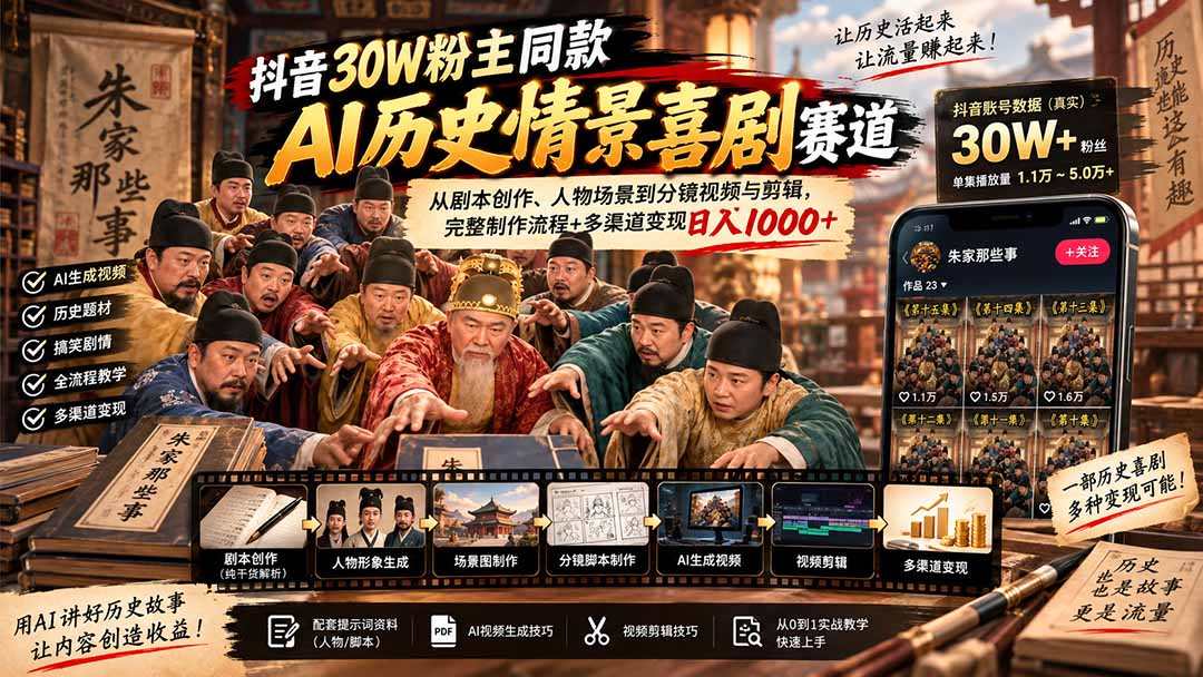 抖音30W粉博主同款AI历史情景喜剧赛道:从剧本创作、人物场景到分镜视频与剪辑,完整制作流程+多渠道变现日入1000+-52项目站