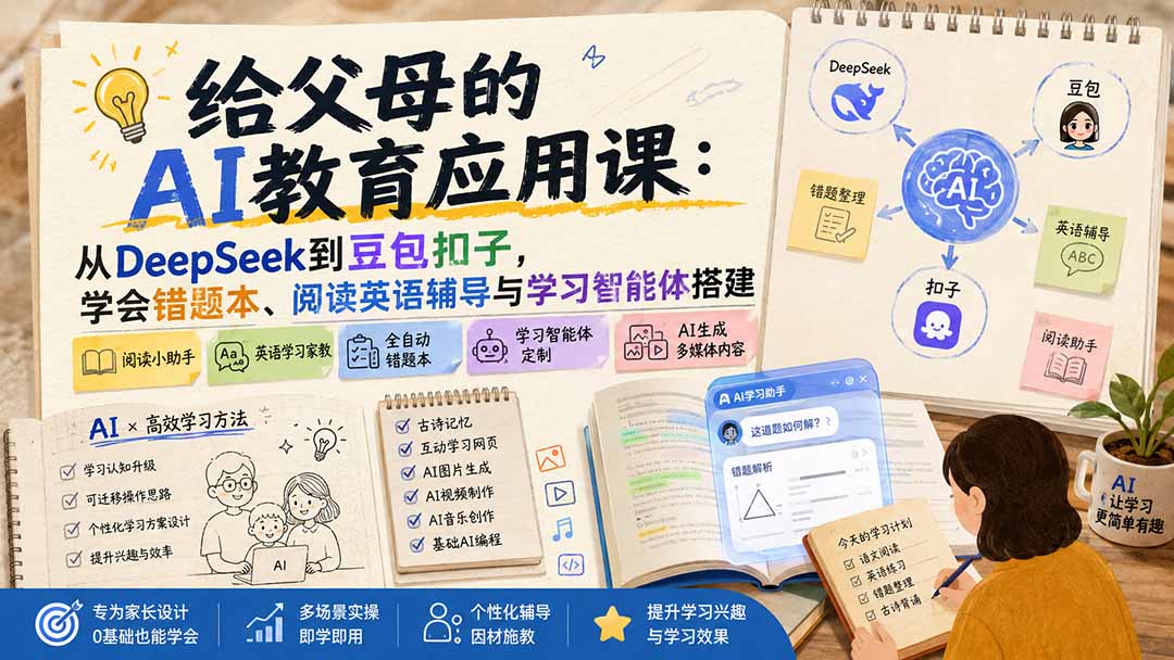 给父母的AI教育应用课：从DeepSeek到豆包扣子，学会错题本、阅读英语辅导与学习智能体搭建-52项目站