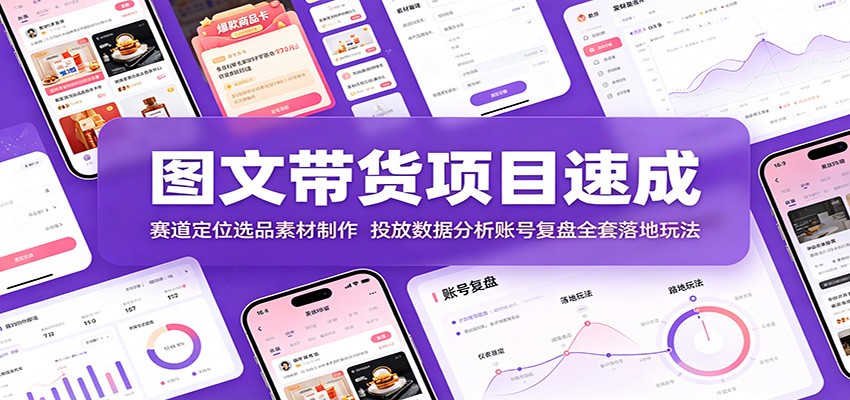 图文带货项目速成：赛道定位选品素材制作，投放数据分析账号复盘全套落地玩法-52项目站