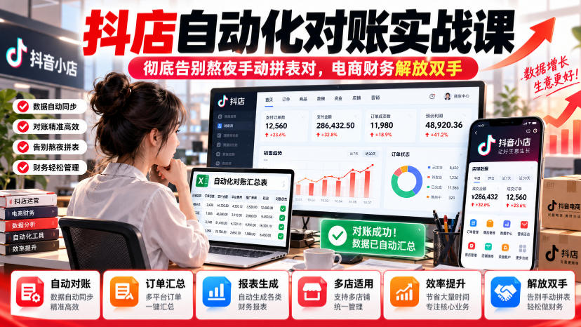 抖店自动化对账实战课,彻底告别熬夜手动拼表对,账电商财务解放双手-52项目站
