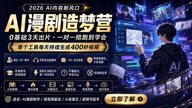 AI漫剧造梦营：0基础3天出片，单个工具每天持续生成400秒视频-52项目站