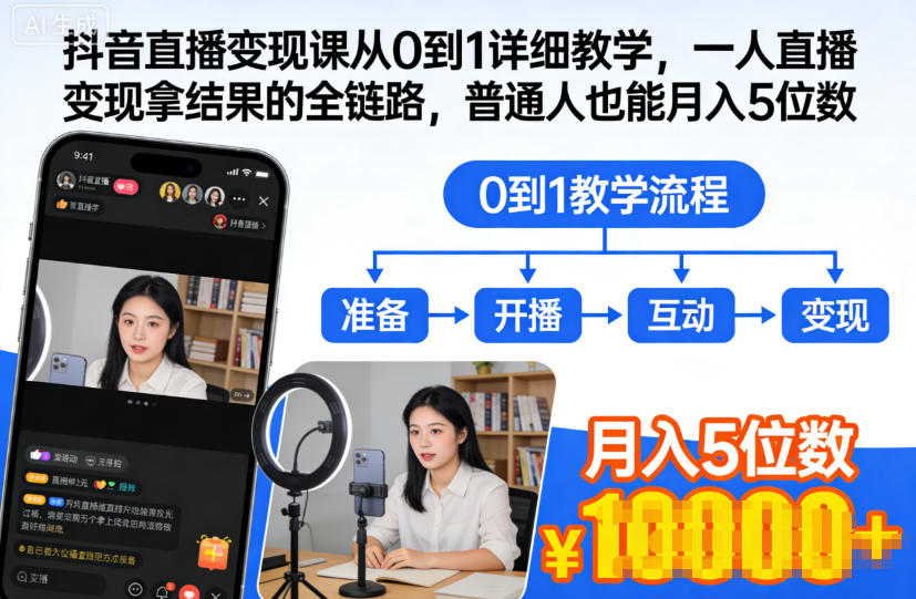 抖音直播变现课从0到1详细教学，一人直播变现拿结果的全链路，普通人也能月入5位数-52项目站