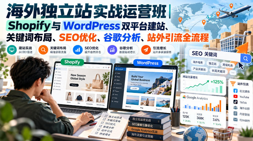 海外独立站实战运营班|Shopify与WordPress双平台建站、关键词布局、SEO优化、谷歌分析、站外引流全流程-52项目站
