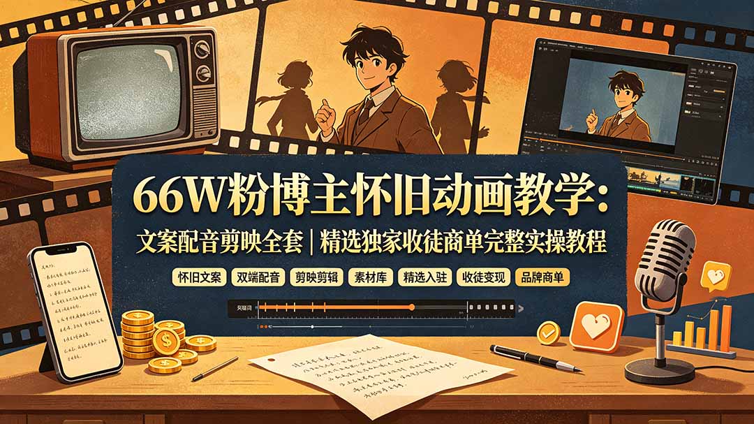 66W粉博主怀旧动画教学：文案配音剪映全套｜精选独家收徒商单完整实操教程-52项目站