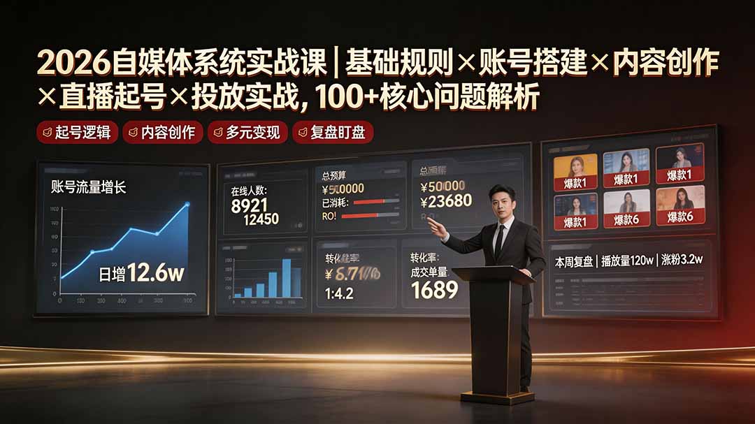 2026自媒体系统实战课｜基础规则×账号搭建×内容创作×直播起号×投放实战，100+核心问题解析-52项目站