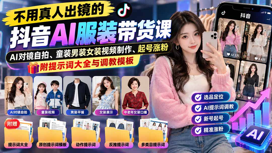 不用真人出镜的抖音AI服装带货课：AI对镜自拍、童装男装女装视频制作、起号涨粉，附提示词大全与调教模板-52项目站
