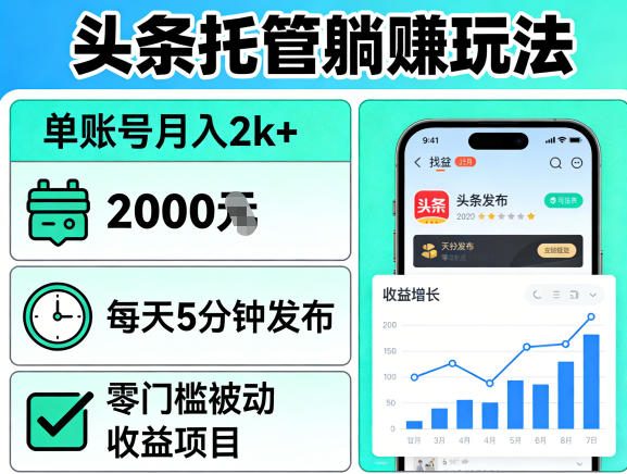 头条托管躺賺玩法，单账号月入2k+，每天5分钟发布即可，零门槛被动收益项目【揭秘】-52项目站