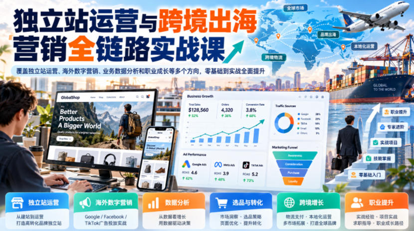 独立站运营与跨境出海营销全链路实战课,覆盖独立站运营、海外数字营销、业务数据分析和职业成长等多个方向,零基础到实战全面提升-52项目站