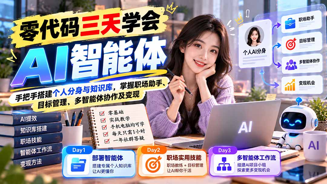 【无水印】零代码三天学会AI智能体:手把手搭建个人分身与知识库,掌握职场助手、目标管理、多智能体协作及变现-52项目站