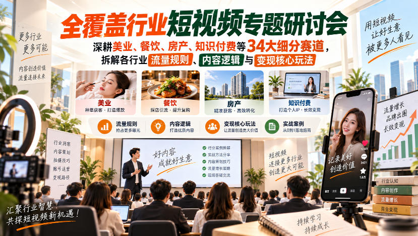 短视频专题研讨会，深耕美业、餐饮、房产、知识付费等34大细分赛道，拆解各行业流量规则、内容逻辑与变现核心玩法-52项目站