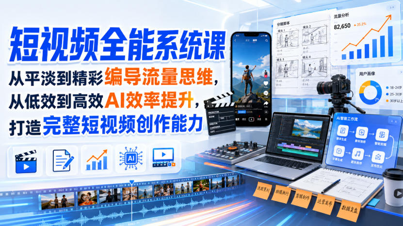 短视频全能系统课，从平淡到精彩编导流量思维，从低效到高效AI效率提升，打造完整短视频创作能力(2026年8月30更新233集)-52项目站
