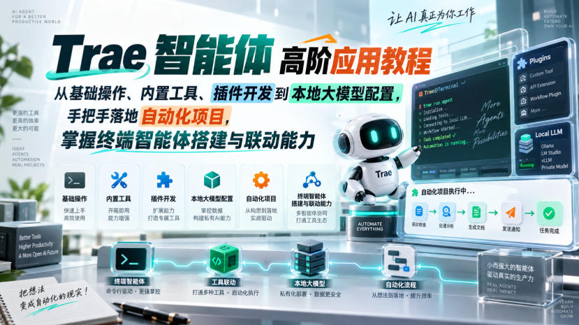 Trae智能体高阶应用教程,从基础操作、内置工具、插件开发到本地大模型配置,手把手落地自动化项目-52项目站