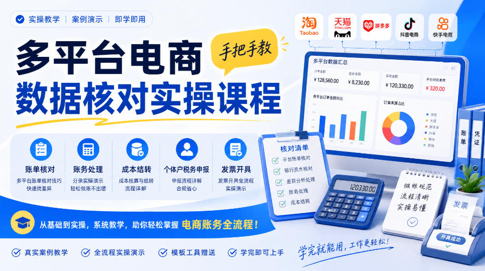多平台电商数据核对实操课程,手把手教账单核对、账务处理、成本结转、个体户税务申报与发票开具-52项目站