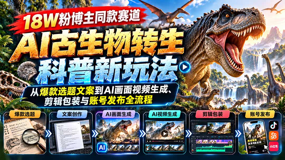 18W粉博主同款赛道-AI古生物转生科普新玩法：从爆款选题文案到AI画面视频生成、剪辑包装与账号发布全流程-52项目站