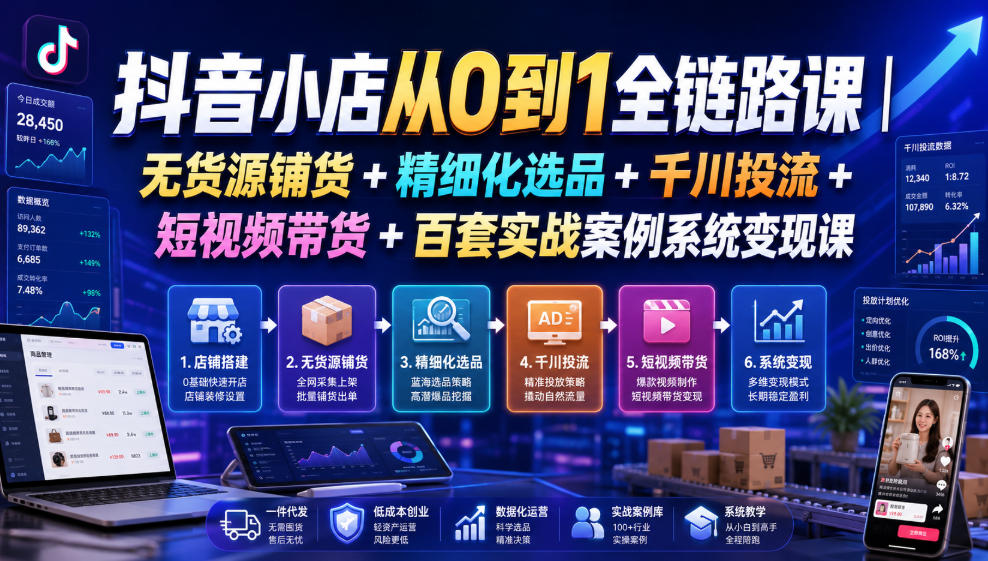 抖音小店从0到1全链路课｜无货源铺货+精细化选品+千川投流+短视频带货+百套实战案例系统变现课(2026年7月更新)-52项目站