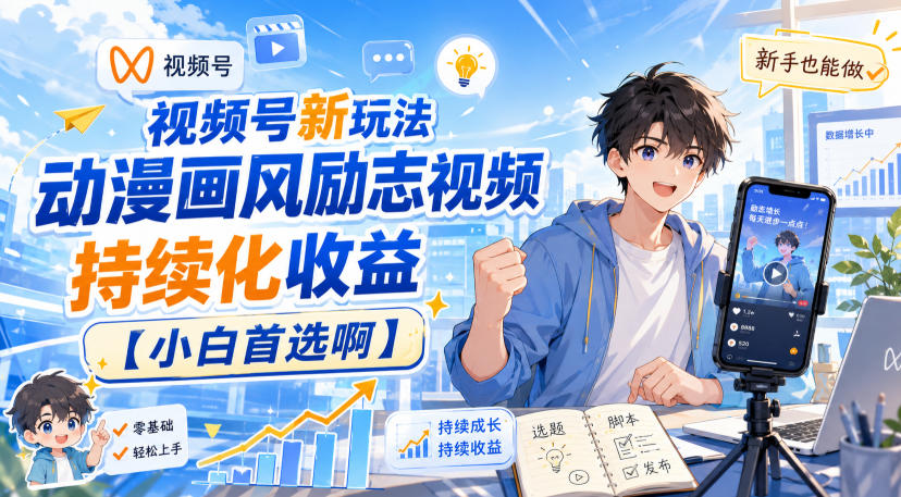 视频号新玩法动漫画风励志视频，持续化收益【小白首选啊】-52项目站