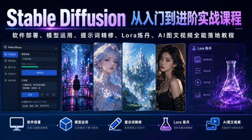 Stable Diffusion从入门到进阶实战课程|软件部署、模型运用、提示词精修、Lora炼丹、AI图文视频全能落地教程-52项目站