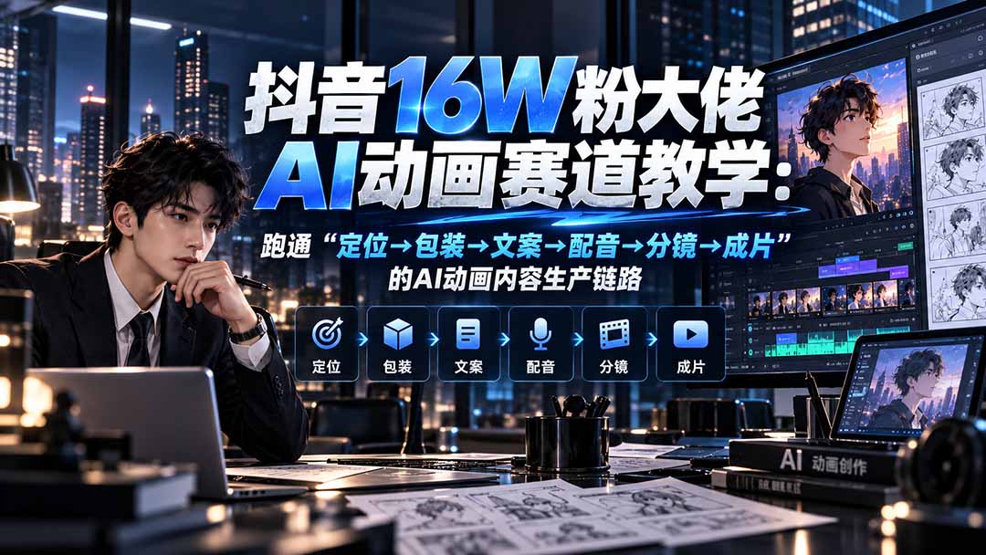 抖音16W粉大佬规则门禁AI动画赛道教学:跑通“定位→包装→文案→配音→分镜→成片”的AI动画内容生产链路-52项目站
