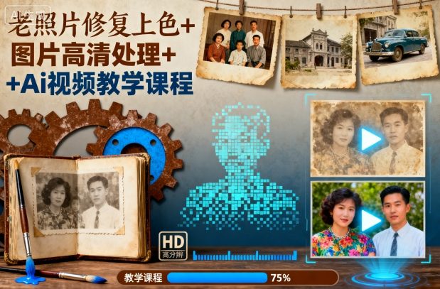 老照片修复上色+图片高清处理+Ai视频教学课程-52项目站