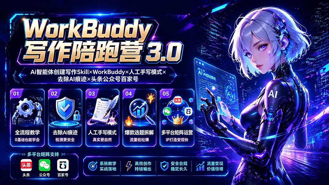 WorkBuddy写作陪跑营3.0-更新:Ai智能体创建写作Skill×WorkBuddy×人工手写模式×去除AI痕迹×头条公众号百家号-52项目站