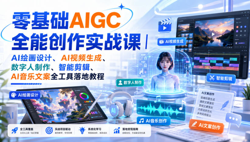 零基础AIGC全能创作实战课｜AI绘画设计、AI视频生成、数字人制作、智能剪辑、AI音乐文案全工具落地教程-52项目站