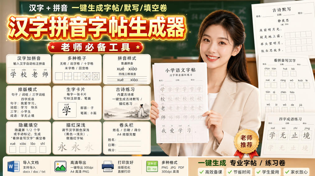 学习神器,汉字拼音字帖生成器,汉字+拼音 一键生成字帖/默写/填空卷,支持词组、成语,老师、家长必备-52项目站
