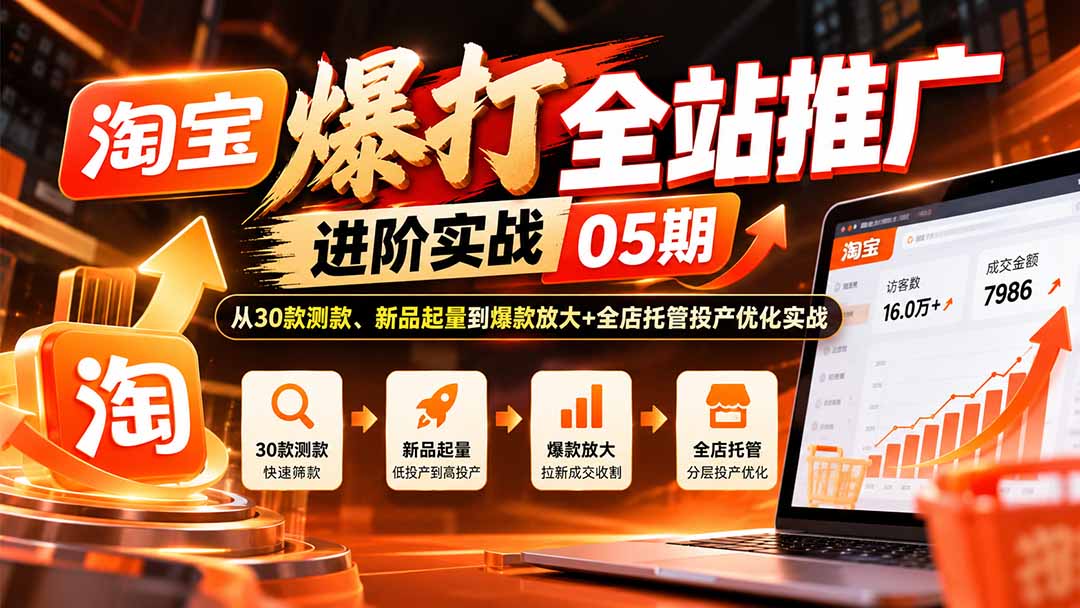 淘宝爆打全站推广进阶实战05期:从30款测款、新品起量到爆款放大+全店托管投产优化实战-52项目站