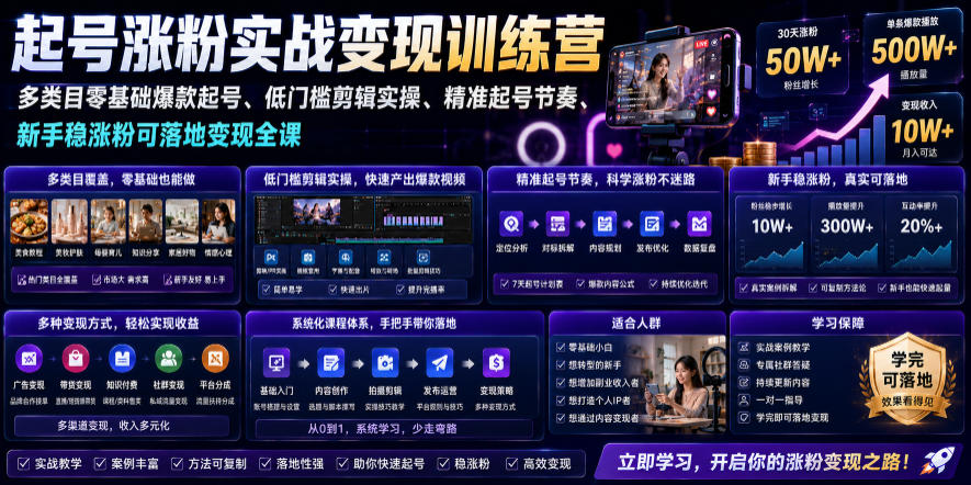 苗子起号涨粉实战变现训练营，多类目零基础爆款起号、精准起号节奏、新手稳涨粉可落地变现全课(更新0719)-52项目站