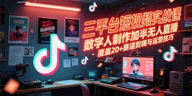 三平台短视频实战课，数字人制作加半无人直播，覆盖20+赛道剪辑与运营技巧-52项目站