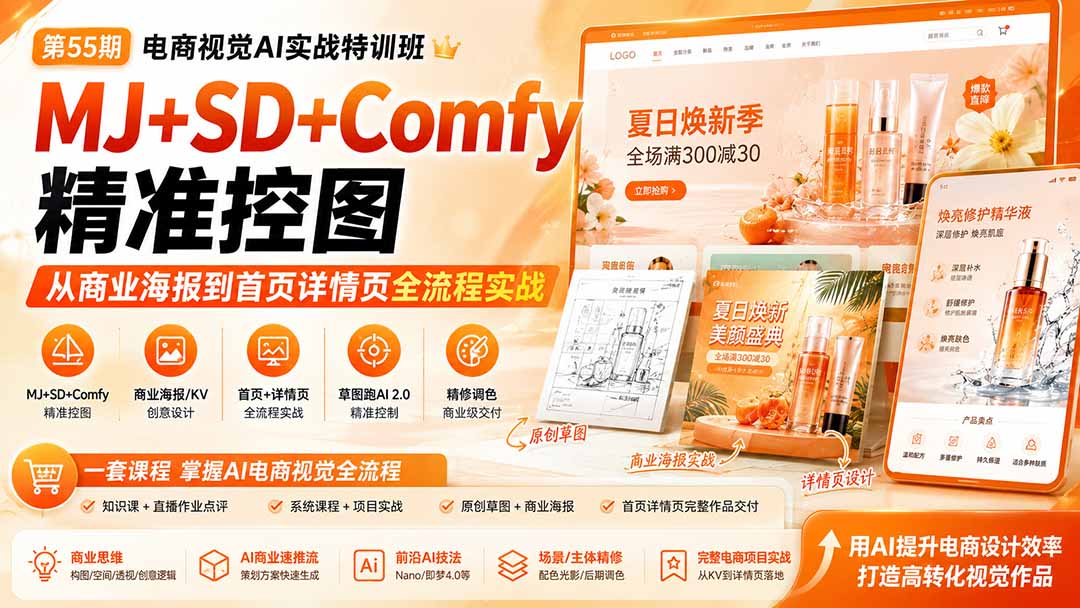 电商视觉 AI实战训练营第55期：MJ+SD+Comfy精准控图，从商业海报到首页详情页全流程实战-52项目站
