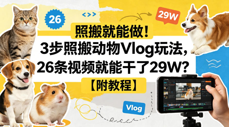 照搬就能做！3步照搬动物Vlog玩法，26条视频就能干了29W？【附教程】【赠coze一键生成工作流】-52项目站