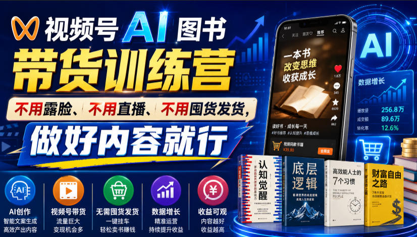 视频号AI图书带货训练营，不用露脸、不用直播、不用囤货发货，做好内容就行，一条爆款视频佣金8942-52项目站