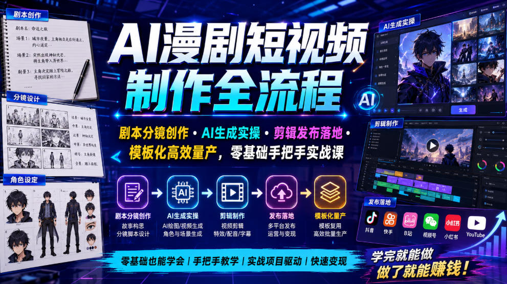 AI漫剧短视频制作全流程｜剧本分镜创作・AI生成实操・剪辑发布落地・模板化高效量产，零基础手把手实战课-52项目站