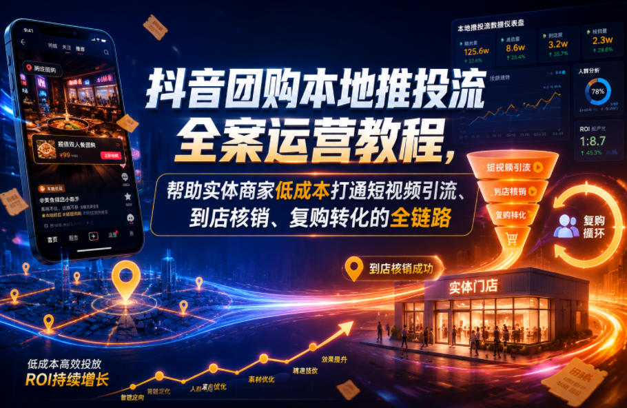 抖音团购本地推投流全案运营教程,帮助实体商家低成本打通短视频引流、到店核销、复购转化的全链路-52项目站