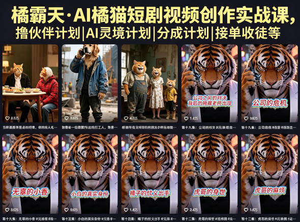 橘霸天·AI橘猫短剧视频创作实战课,撸伙伴计划|AI灵境计划|分成计划|接单收徒等-52项目站
