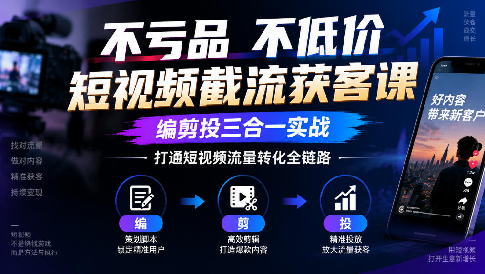 不亏品不低价短视频截流获客课,编剪投三合一实战,打通短视频流量转化全链路-52项目站