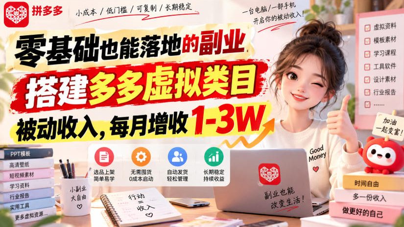 零基础也能落地的副业，搭建多多虚拟类目被动收入，每月增收1-3W【揭秘】-52项目站
