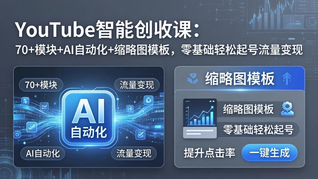 YouTube智能创收课：70+模块+AI自动化+缩略图模板，零基础轻松起号流量变现-52项目站