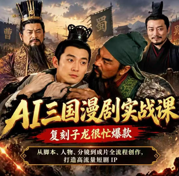 抖音14W粉博主同款AI三国漫剧实战课,复刻子龙很忙爆款,从脚本、人物、分镜到成片全流程创作,打造高流量短剧IP-52项目站