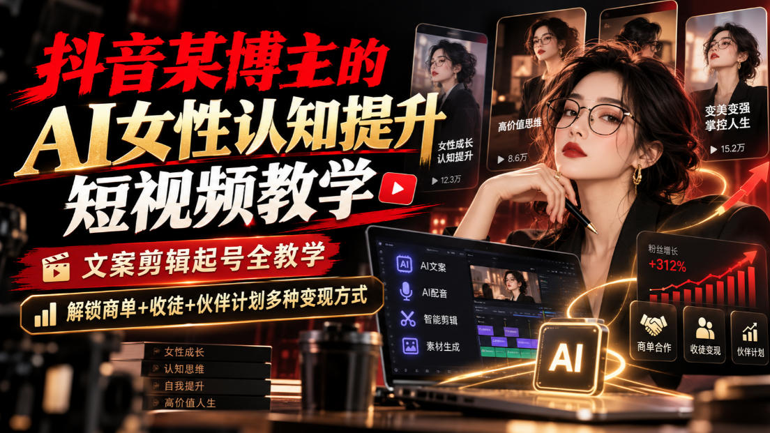 抖音某博主的Ai女性认知提升短视频教学，文案剪辑起号全教学，解锁商单+收徒+伙伴计划多种变现方式-52项目站