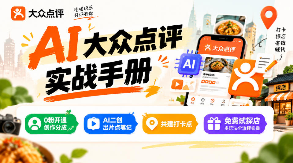 某局的AI大众点评实战手册,0粉开通创作分成、AI二创出片点笔记、共建打卡点、免费试探店多玩法全流程实操-52项目站