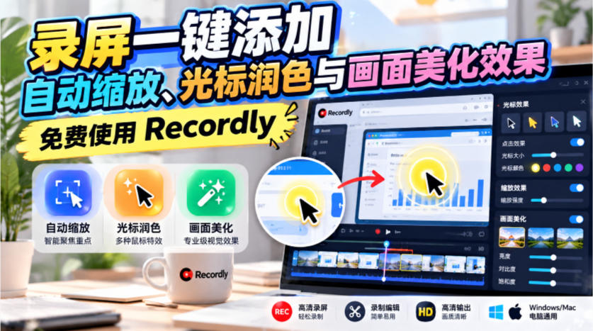 录屏一键添加自动缩放、光标润色与画面美化效果,免费使用Recordly-52项目站