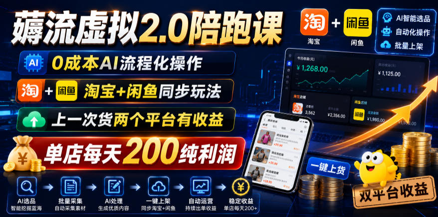 薅流虚拟2.0陪跑课，0成本AI流程化操作，淘宝+闲鱼同步玩法，上一次货两个平台有收益，单店每天200纯利润-52项目站