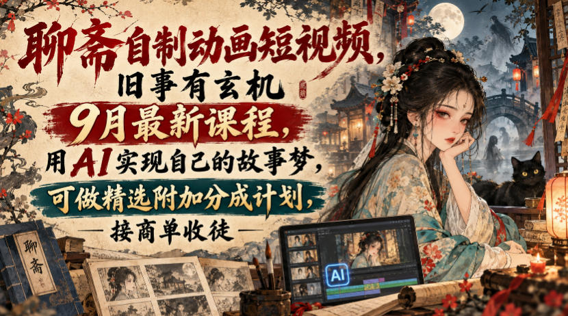 聊斋自制动画短视频，旧事有玄机9月最新课程，用AI实现自己的故事梦，可做精选附加分成计划，接商单收徒-52项目站