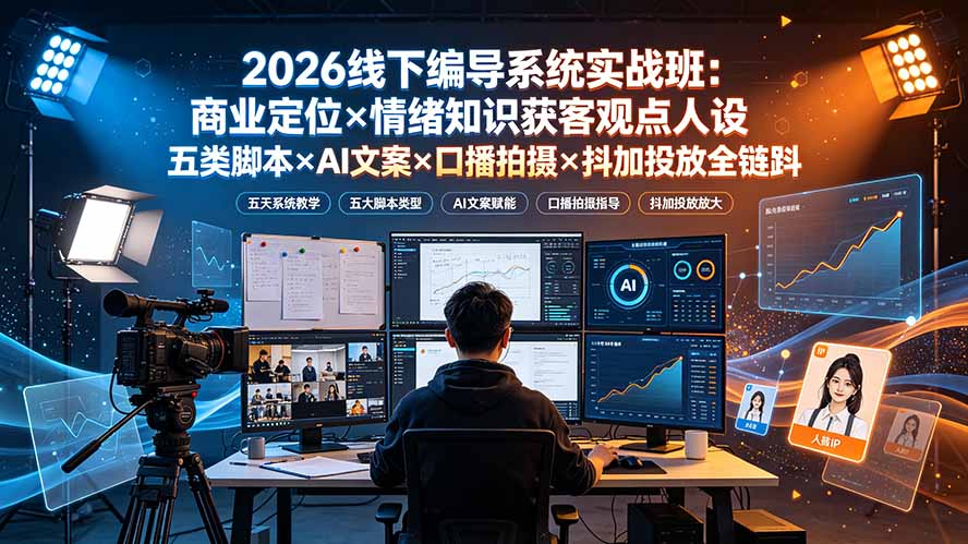 2026线下编导系统实战班：商业定位×情绪知识获客观点人设五类脚本×AI文案×口播拍摄×抖加投放全链路-52项目站