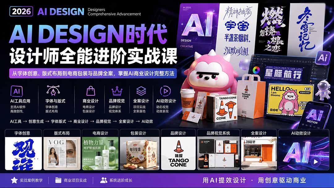 2026AI DESIGN时代设计师全能进阶实战课：从字体创意、版式布局到电商包装与品牌全案，掌握AI商业设计完整方法-52项目站