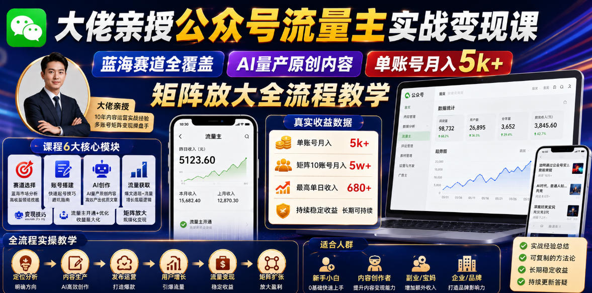 大佬亲授公众号流量主实战变现课，蓝海赛道全覆盖，AI量产原创内容，单账号月入5k+矩阵放大全流程教学-52项目站
