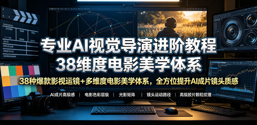 专业AI视觉导演进阶教程，38种爆款影视运镜+多维度电影美学体系，全方位提升AI成片高级感与镜头质感-52项目站